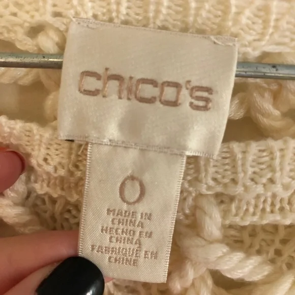 Chico’s Cream Open Knit Three-Quarter Sleeve Linen Blend Crochet Sweater - Picture 7 of 8